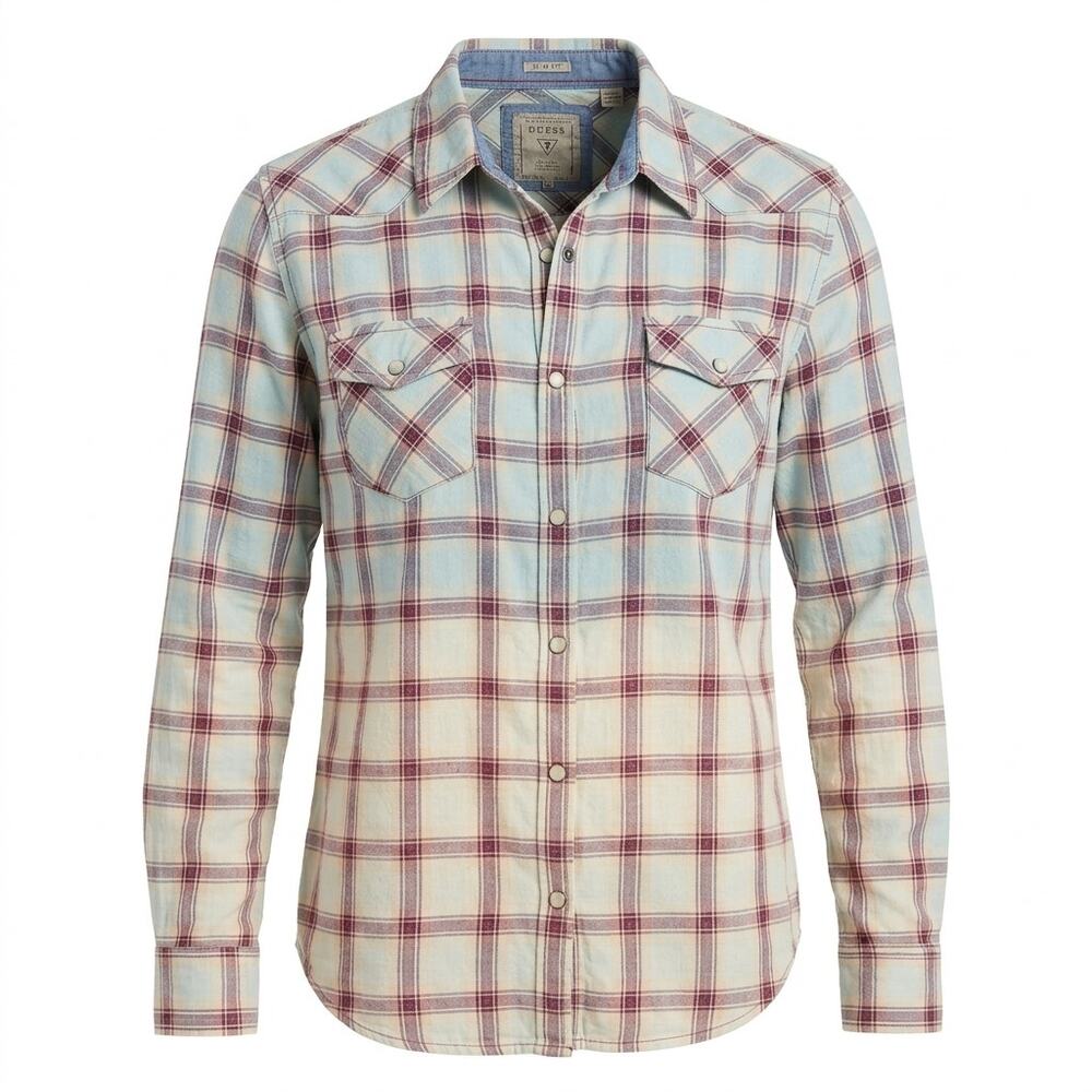 Guess Slim Fit Blue Collared Lightweight Plaid Button-Up Shirt Men Size XXL
